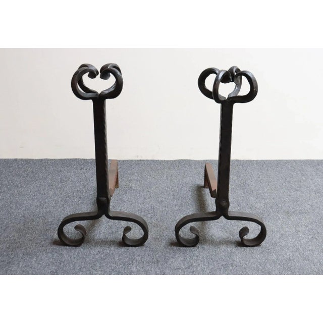 Arts & Crafts Pair of Tall Arts and Crafts Hand Forged Iron Fireplace Andirons For Sale - Image 3 of 18