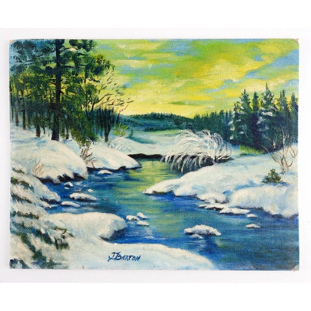 Oil on canvas board of wintery forest stream. Signed J Barton lower center, unframed.