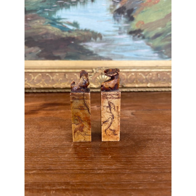 Pair of Hand-Carved Chinese Soapstone Zodiac Seals - Monkey and Ox With Landscape Engravings. For Sale In Seattle - Image 6 of 10
