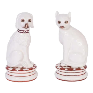 Mid Century Italian Ceramic or Porcelain Cat and Dog Sculptures