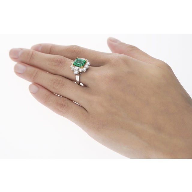 4.42 Carat Tw Colombian Emerald With Round & Emerald Cut Diamond Halo 18k Ring Size 7 For Sale - Image 11 of 12