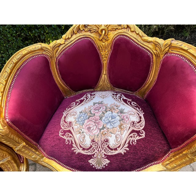 1960 French Louis XVI Burgundy Beech Velvet Sofa Set 3 PCS For Sale - Image 16 of 18