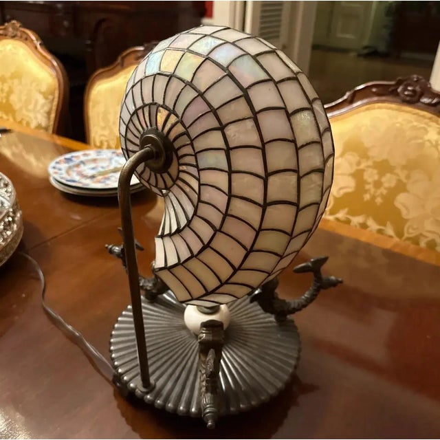 Late 20th Century Late 20th Century Nautilus Lamp Stained Glass and Bronze For Sale - Image 5 of 9