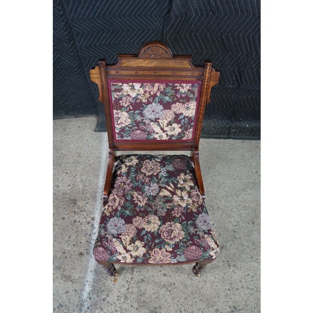 Late 19th Century Antique Victorian Eastlake Walnut Burl Carved Parlor Chair Tapestry Fabric For Sale - Image 5 of 18