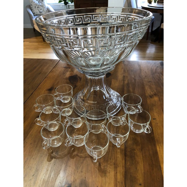 Vintage 1930s Heisey Greek Key Punch Bowl and Stand With Cups - 15 Piece Set For Sale - Image 12 of 13