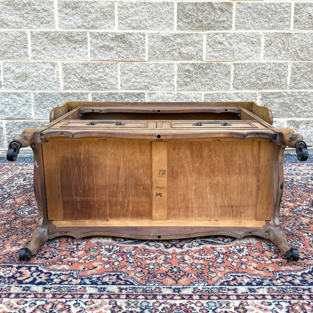 Vintage French Louis Xv Blond Walnut 2 Drawer Drop Leaf Rolling Serving Cart or Bar Cart For Sale - Image 14 of 18