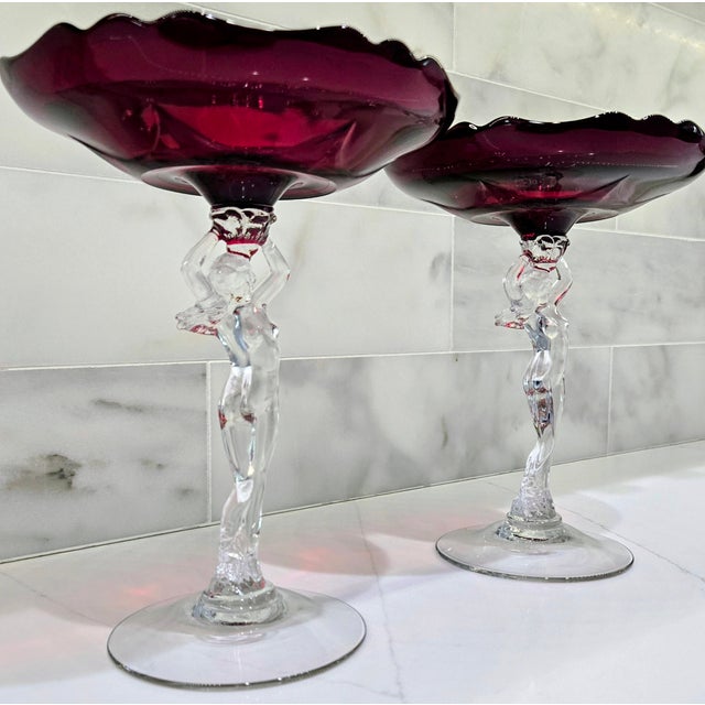 1930s 1930s Cambridge Glass Carmen Red Nude Figural Stem Compotes, Pair For Sale - Image 5 of 11