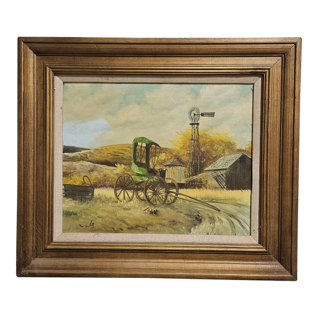 1970s Wagon in the Field With Windmill Painting For Sale
