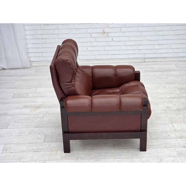 Brown Scandinavian Armchair in Leather and Beech, 1970s For Sale - Image 8 of 18