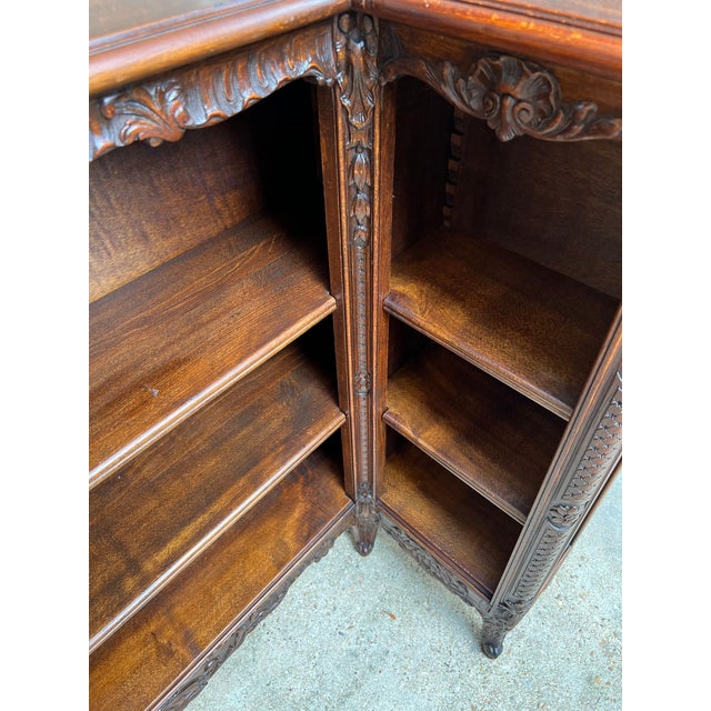 Brown Antique French Corner Bookcase Carved Oak Louis XV Revival Open Shelves C1920 B For Sale - Image 8 of 18