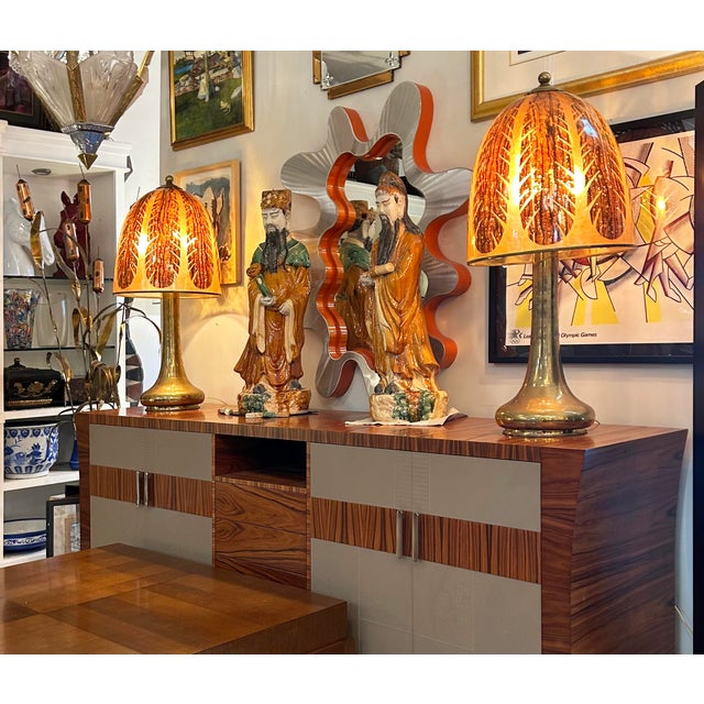 Gabriella Crespi Brass Lamps, Resin "Tobacco Leaf" Shades Offered for sale is an oversized pair of Italian-designed brass...