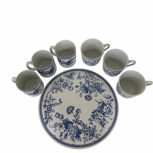 English Vintage 1990s Discontinued Laura Ashley - Spode Collaboration “Clifton” Cake Plate and Coffee Mugs - Set of 7 For Sale - Image 3 of 7