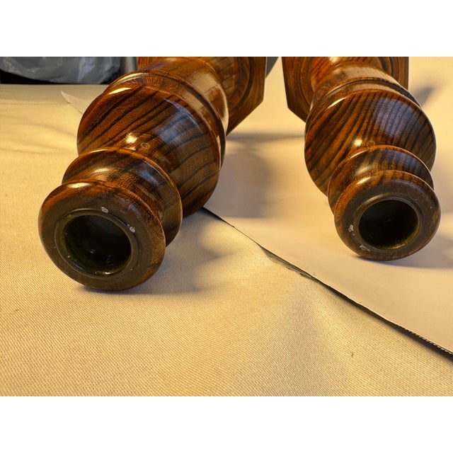 A Pair of English Traditional Empire Solid Oak Wood Candlesticks For Sale - Image 9 of 12