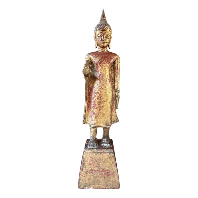 Burmese Artist, Mandalay Standing Buddha, Late 19th-Early 20th Century, Carved, Lacquered and Gilded Wood For Sale