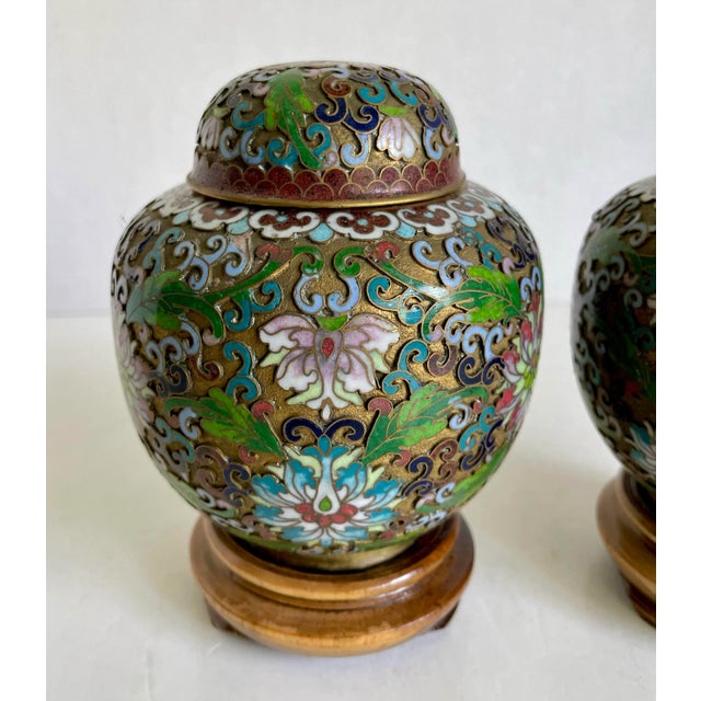 Pair of Petite Asian Cloisonné Enamel Lidded Ginger Jar Vases on Stands For Sale - Image 4 of 12