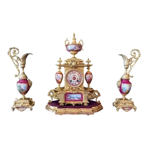 French 19c Japy Freres & Red Sevres Porcelain Mantle Clock With Garniture Set