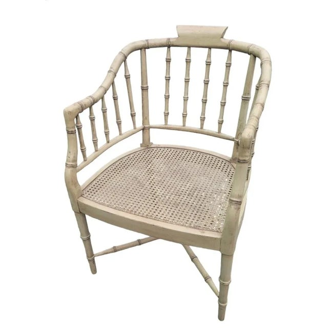 Traditional Vintage Distressed Tan Faux Bamboo Cane Seat Regency Arm Side Chair For Sale - Image 3 of 7