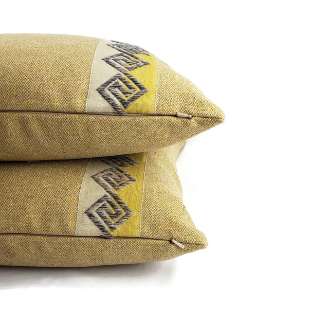 2020s Yellow and Tan Mini Herringbone Embellished With Gray and Gold Fretwork Trim Pillow Cover with Kelly Wearstler Trim For Sale - Image 5 of 7