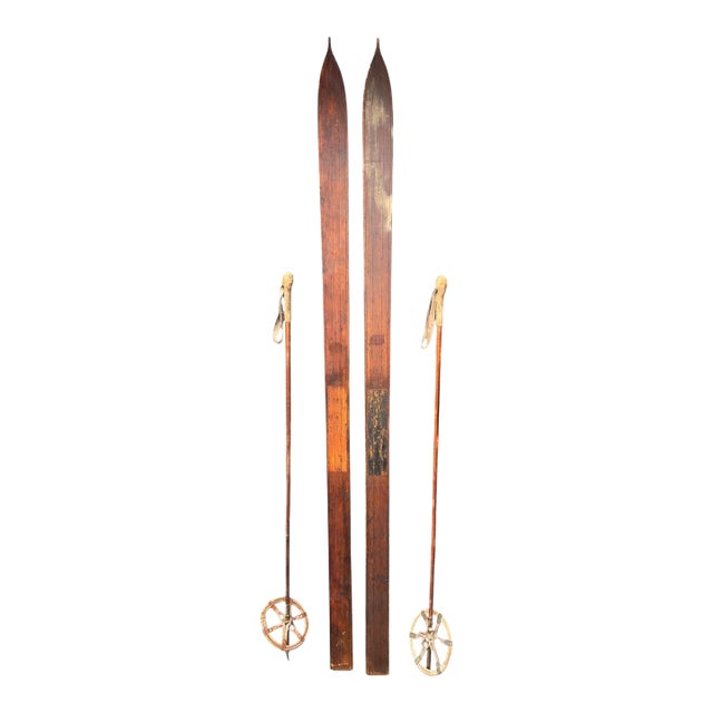 Antique Wooden Skis With Original Bamboo Ski Poles – Early 20th Century Nordic Ski Set – Rustic Ski Lodge & Cabin Wall Decor For Sale