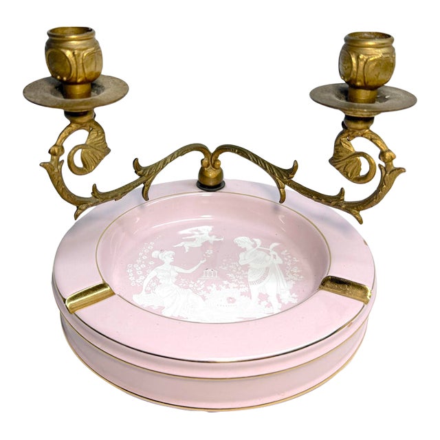 Vintage Pate Sur Pate Italian Pink Porcelain Gilt Bronze Ashtray Candle Holder For Sale