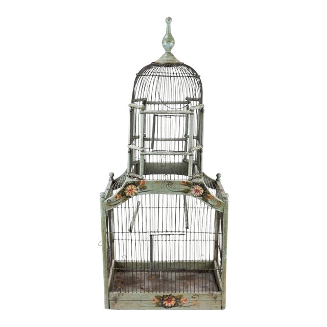 Antique Hand Painted Celadon Green French Provincial Dome Birdcage For Sale