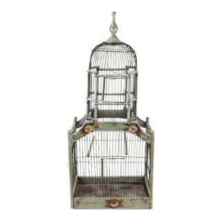 Antique Hand Painted Celadon Green Victorian Dome Birdcage For Sale