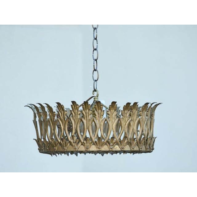 Brass Mid 20th Century Spanish Gilt Metal Crown Chandelier with Elongated Leaves, US Wired For Sale - Image 8 of 12