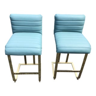 Pair of Brass Cantilevered Barstools For Sale