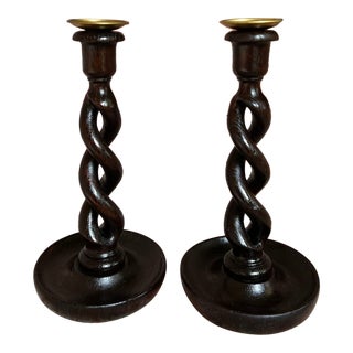 Pair Set Antique English Oak Open Barley Twist Candlesticks Candle Holder Brass For Sale