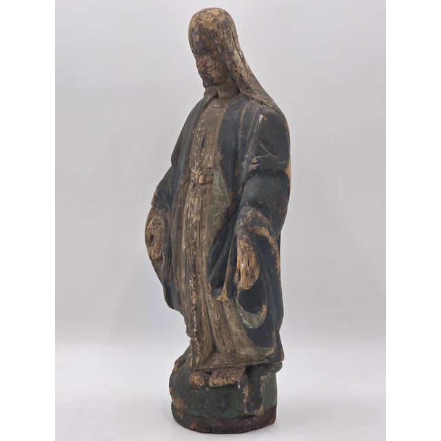 Rare Antique 18th Century Spanish Colonial Hand-Carved Virgin Mary Statue Polychrome Wood For Sale - Image 4 of 15