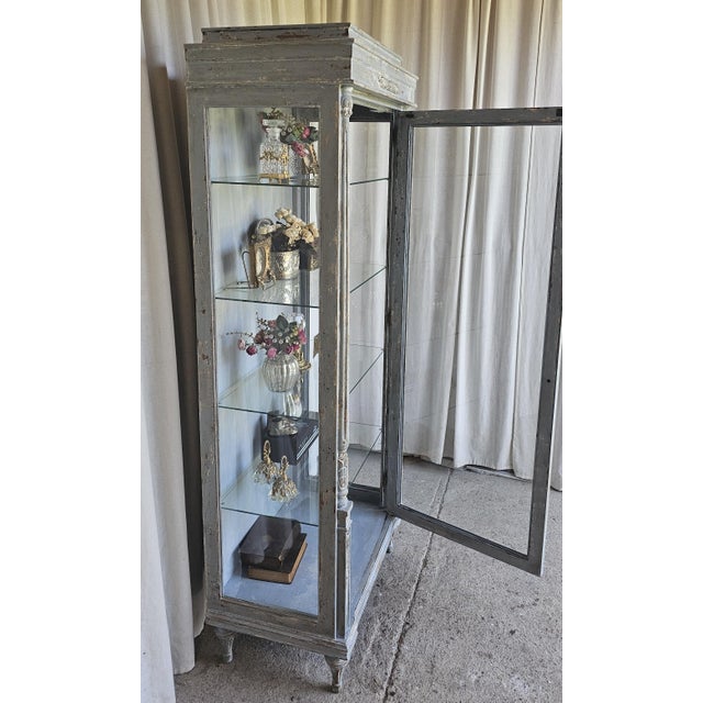 1930s Vitrine Cabinet, French Bluish Display Cabinet/ Case, Cracked / Peeling Finish For Sale - Image 9 of 18