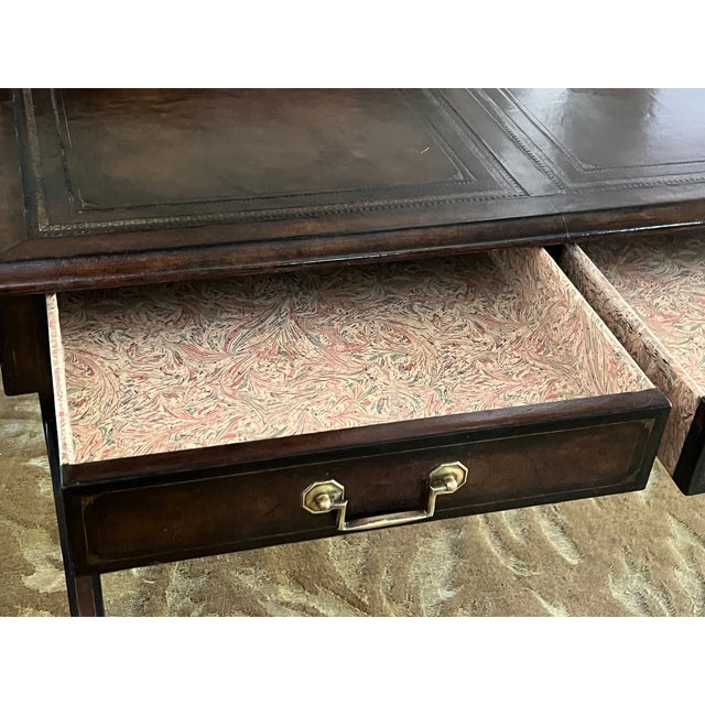 Brown Maitland-Smith Embossed Leather Wrapped Partners Desk W/ Brass Hardware For Sale - Image 8 of 18