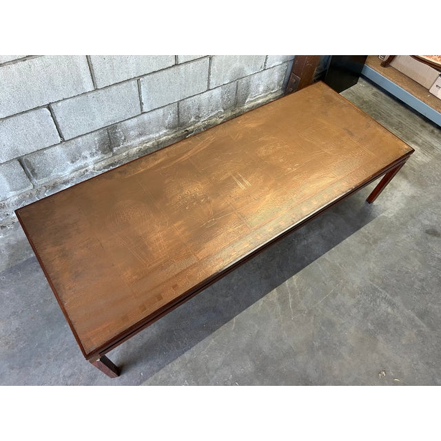 Striking Danish Mid-Century Modern Rosewood Coffee Table With Etched Copper Top For Sale - Image 10 of 12