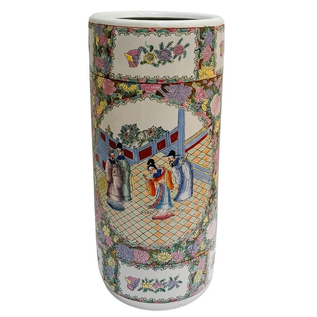 Vintage Hand-Painted Chinoiserie Rose Medallion Floral Umbrella Stand For Sale - Image 4 of 11