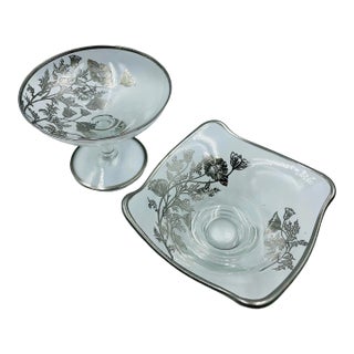 Mid 20th Century Silver City Glass Co. “Flanders Clear” Pattern Compote & Square Bowl Set - 2 Pieces For Sale