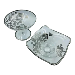 Mid 20th Century Silver City Glass Co. “Flanders Clear” Pattern Compote & Square Bowl Set - 2 Pieces