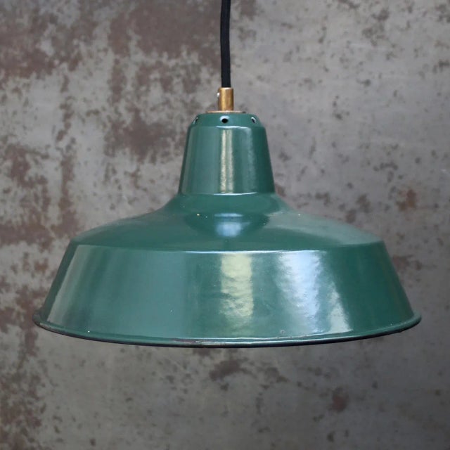 French factory pendant by sammode, france dark petrol green enamel white interior brass top e27 / e26 i have official...