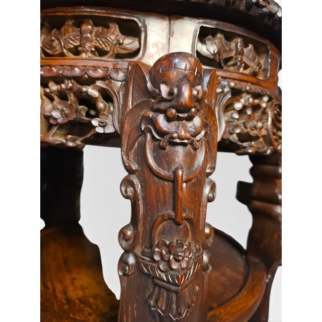 Brown Companion Pair of Late Qing Dynasty–Early Republic Era Cantonese Carved Hardwood Marble-Top Stands For Sale - Image 8 of 14