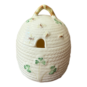 Vintage Belleek Ireland Shamrock Honey Pot With Bees & Clover, C. 1980s