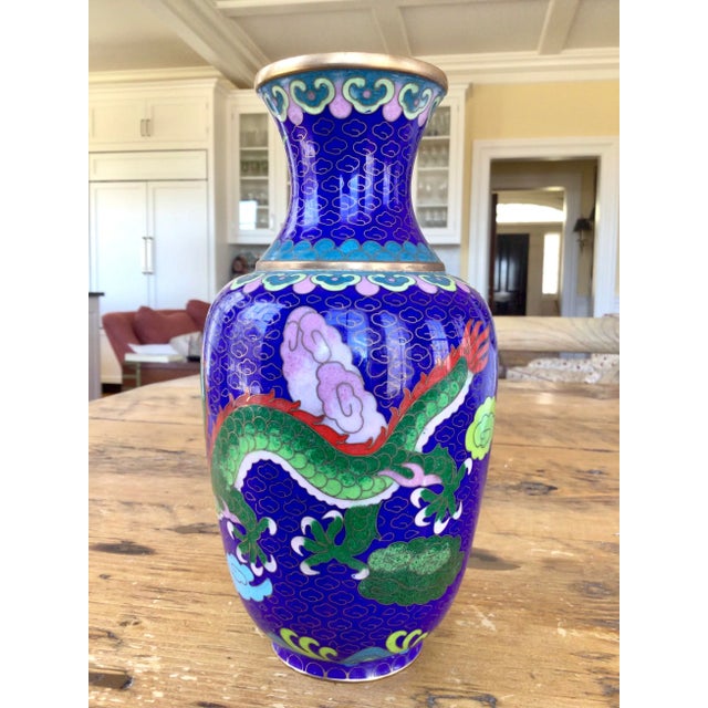 A Colorful Vintage Cloisonne Dragon Vase. A beautiful vintage cloisonné vase with a dragon and floral design. Bright and...