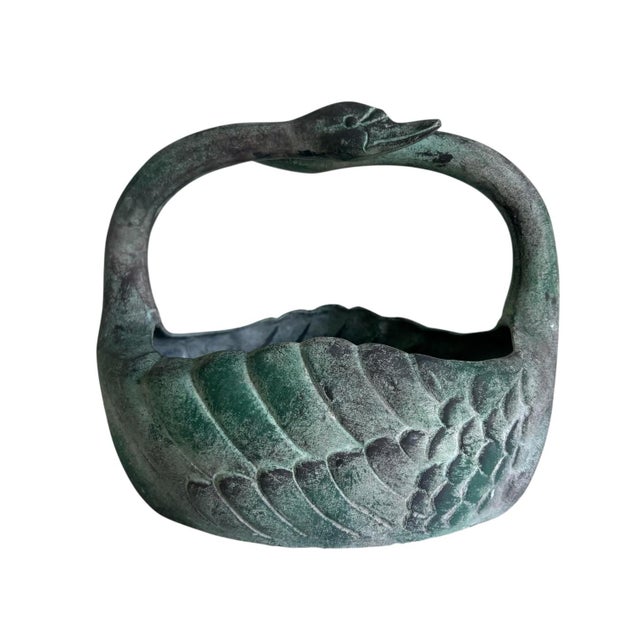 Vintage Verdigris Patina Swan Metal Basket Planter For Sale - Image 4 of 5