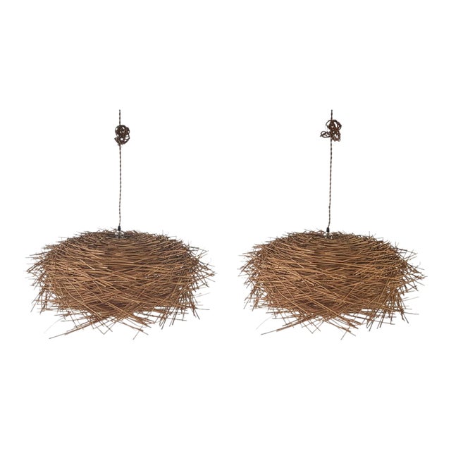 Pair of Decorative French Rattan Pendant Lights For Sale