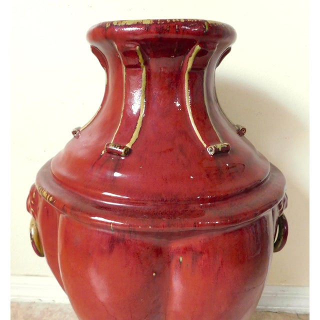 Ceramic Large 25" Ornate Bombay Red Stoneware Figural Lion Handle Urn Vase For Sale - Image 7 of 17