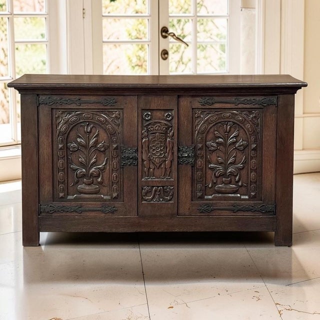 Gothic French Gothic Revival Oak Coffer Buffet With Iron Hardware For Sale - Image 3 of 18