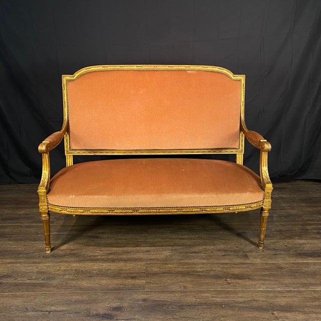 Antique French Louis XVI Salon Suite With Sofa Armchairs & Side Chairs -Set of 5 For Sale - Image 11 of 14