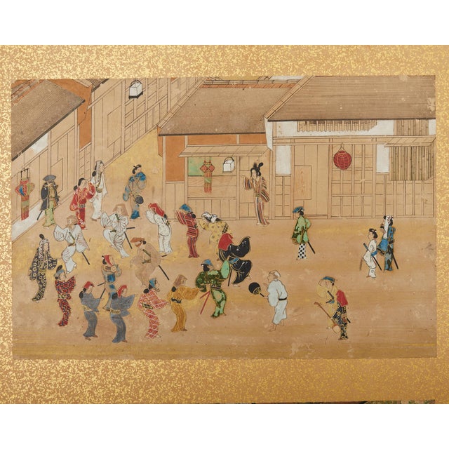Wood 19th Century Japanese Meiji Four Panel Screen Festival Scenes For Sale - Image 7 of 12