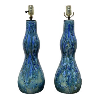 1960s Mid Century Blue Ceramic Lamps- A Pair For Sale