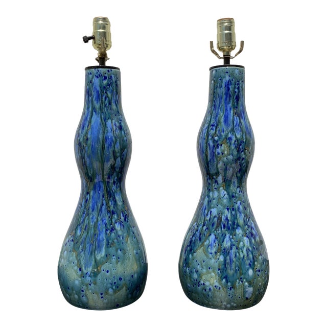 1960s Mid Century Blue Ceramic Lamps- A Pair For Sale