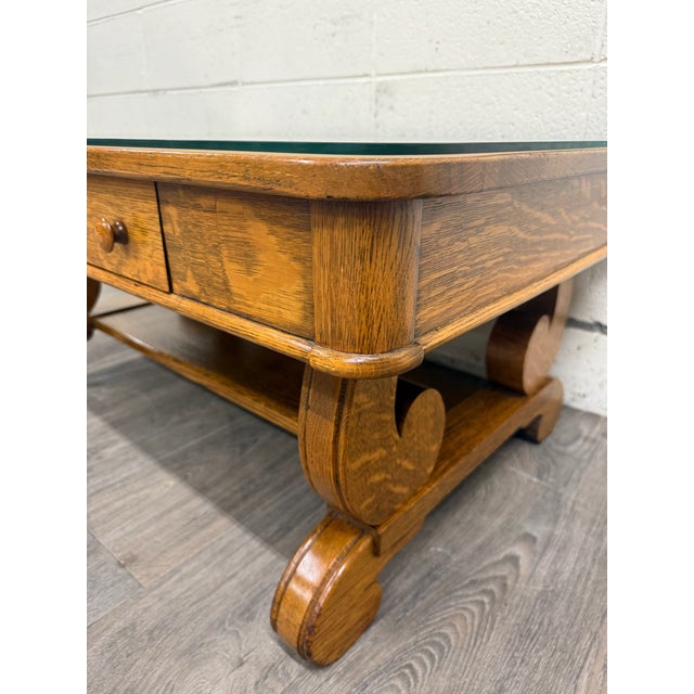 Wood Antique 1920s-1930s Empire Tiger Oak Coffee Table Cocktail Table For Sale - Image 7 of 13