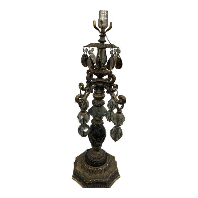 Vintage Hollywood Regency Black Crystal Table Lamp For Sale